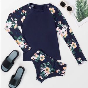 Milan Floral High Neck Long Sleeve Tankini Large Blue